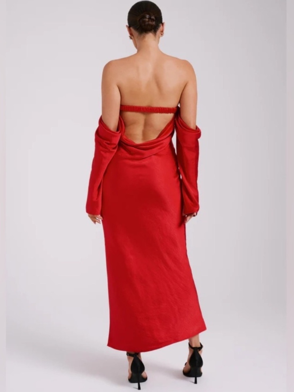 NWT Meshki Vee Off Shoulder Satin Midi Dress Red XXS